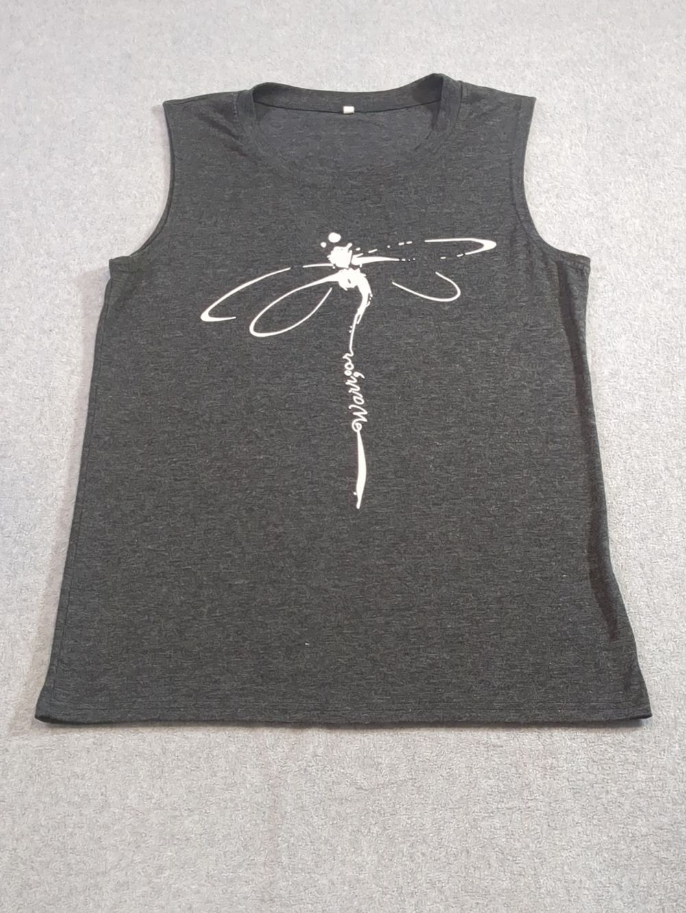 Sleeveless Gray Tank top Graphic Tee-Warrior with White Dragonfly Print, M